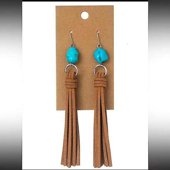 Handmade Leather Turquoise Fringe Dangle Earrings - Picture 4 of 5